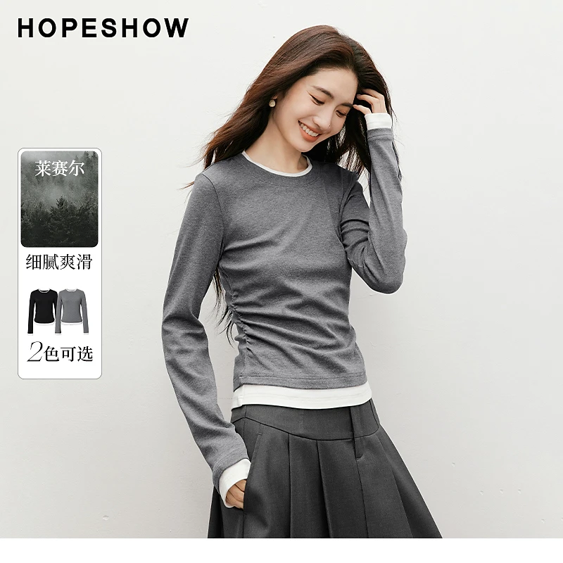 红袖春季2025新款女装 假两件叠搭风抽皱圆领套头上衣90125020205