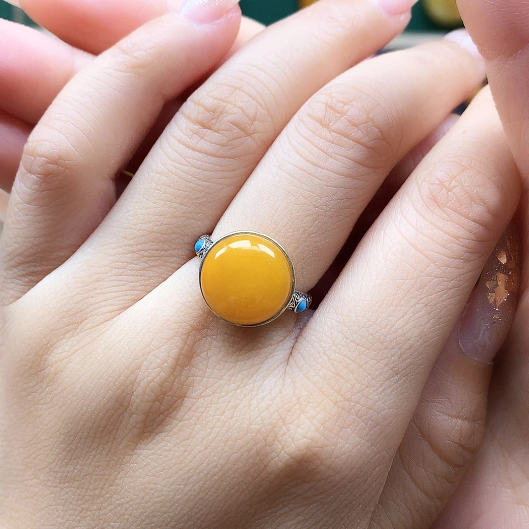 蜜蜡银S925镶嵌戒指戒指