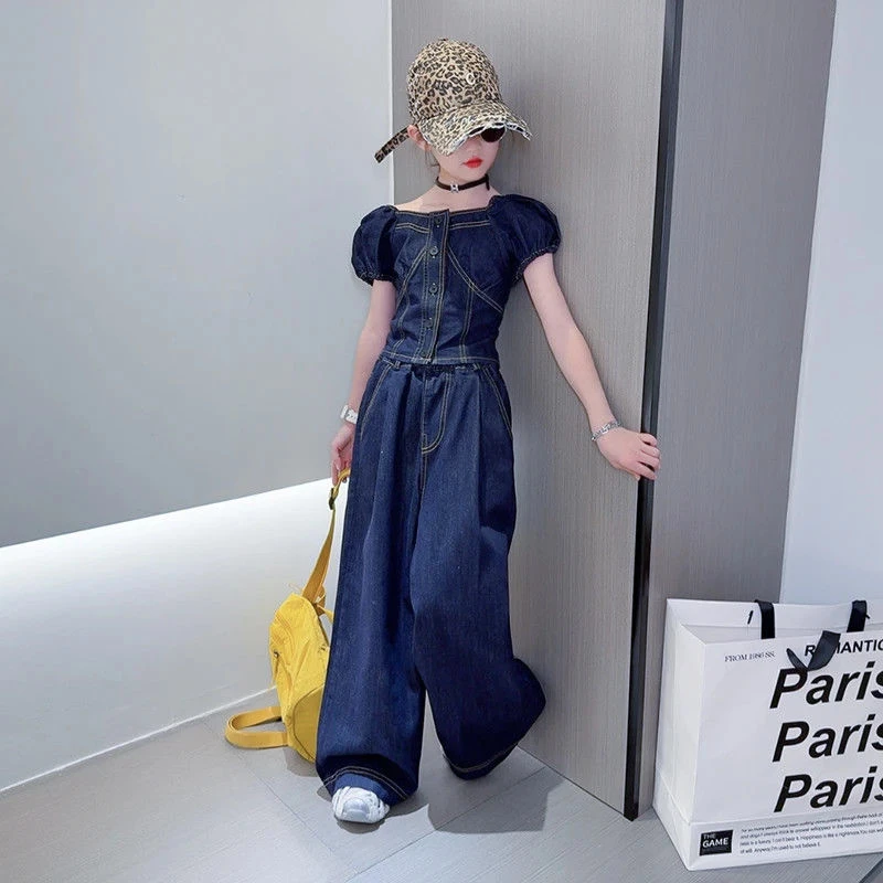 女童2025年夏季新款韩范露肩泡泡袖牛仔套装上衣阔腿裤儿童两件套