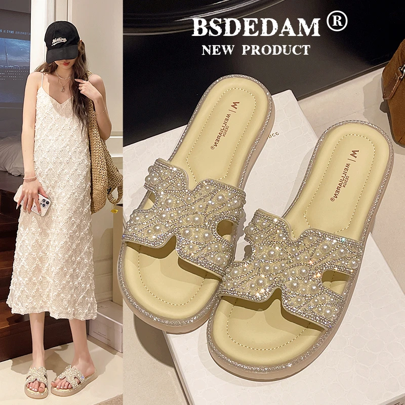法式绝美水钻凉拖鞋女外穿2025夏季新款配裙子凉鞋平底沙滩一字拖
