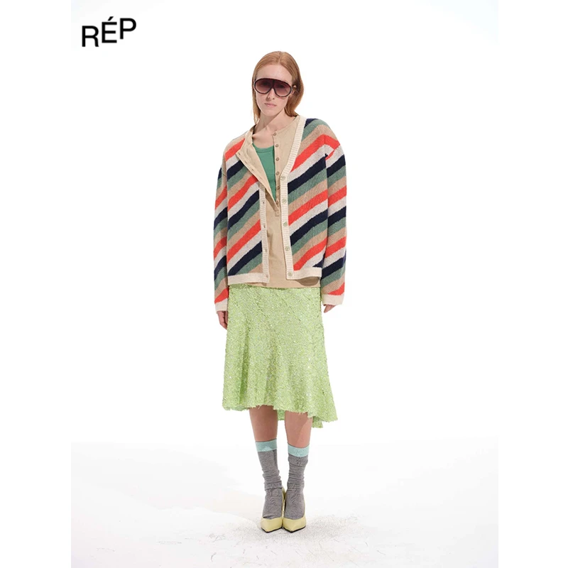 REP-Aether haze设计师品牌拼白条/拼黄条V领针织开衫 25FW新品