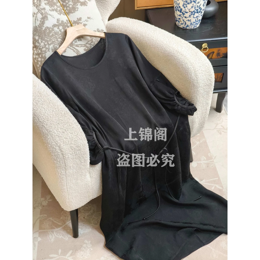 612新中式黑色圆领提花口袋连衣裙休闲百搭收腰夏季薄款中国风女