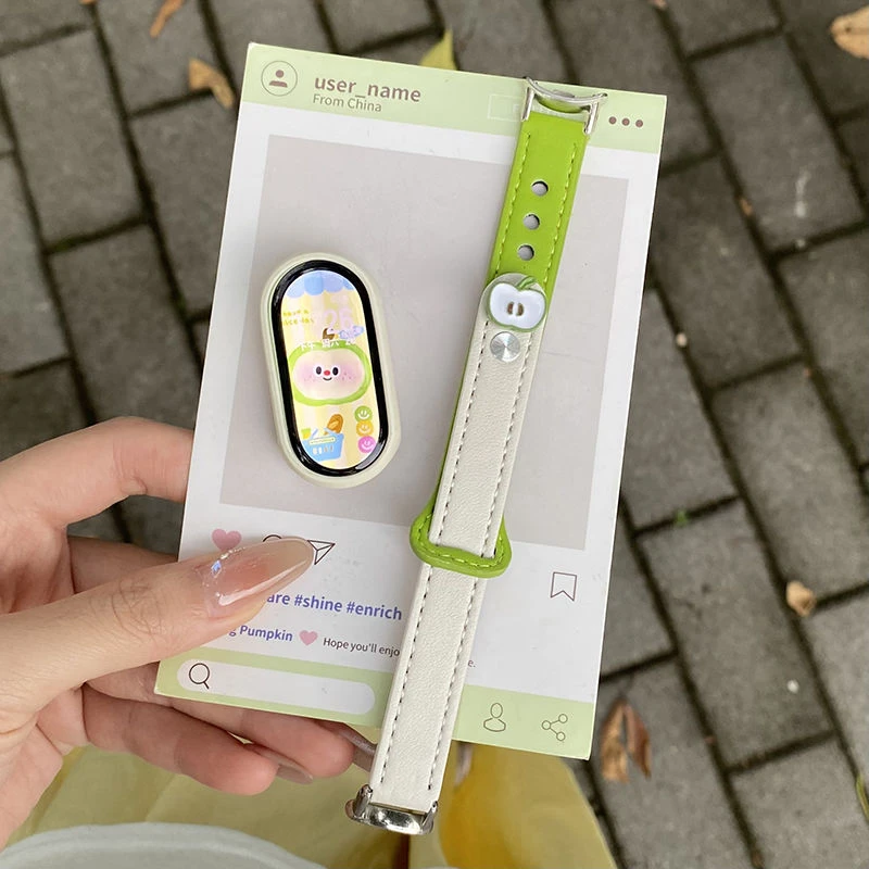 【青苹果】适用小米手环10表带荧光绿9/8卡通双钉7皮质红米watch5/4