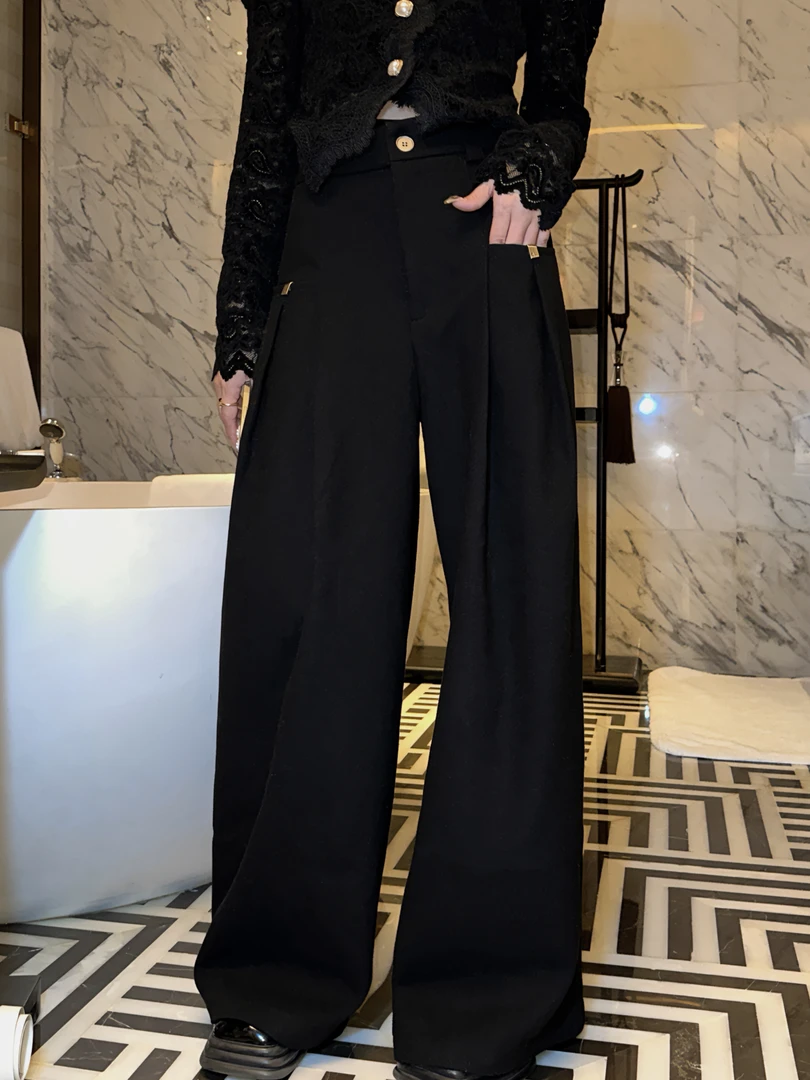 邓蕾婷【金边口袋】显瘦高腰直筒休闲百搭黑色复古宽松阔腿裤