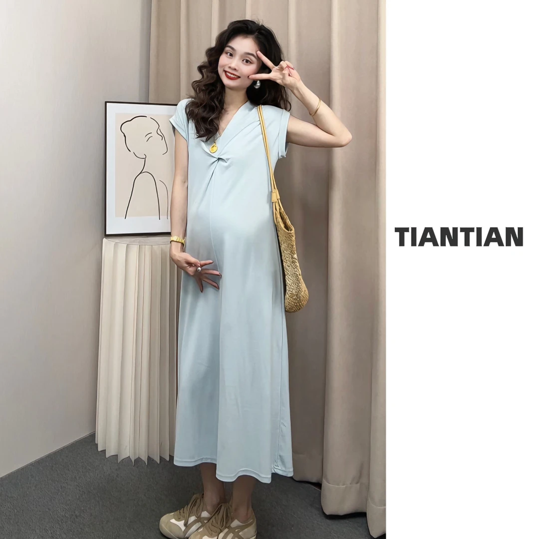 【恬恬】2025夏季简约经典圆领修身打结孕妇短袖针织连衣裙#3359