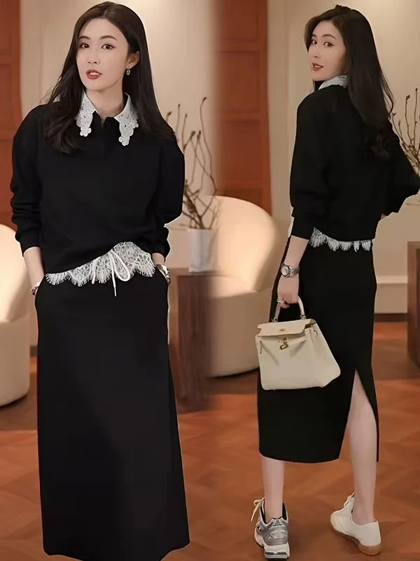 卫衣套装裙女春2025新款蕾丝拼接设计感灰色两件套气质韩版高级感