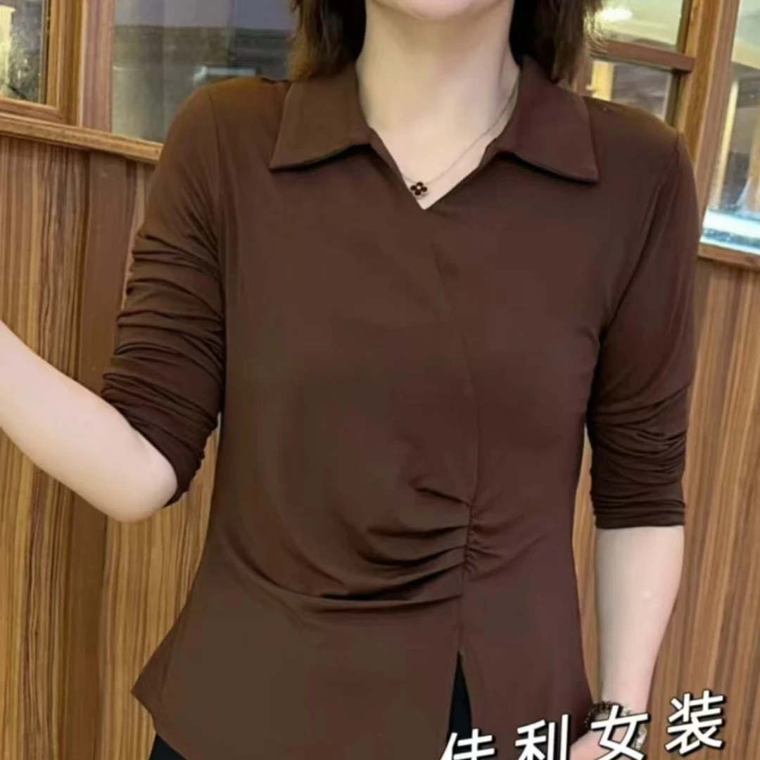 B616#秋季POLO领侧打皱显瘦气质卫衣式打底衫（XL~6XL 90~160斤）