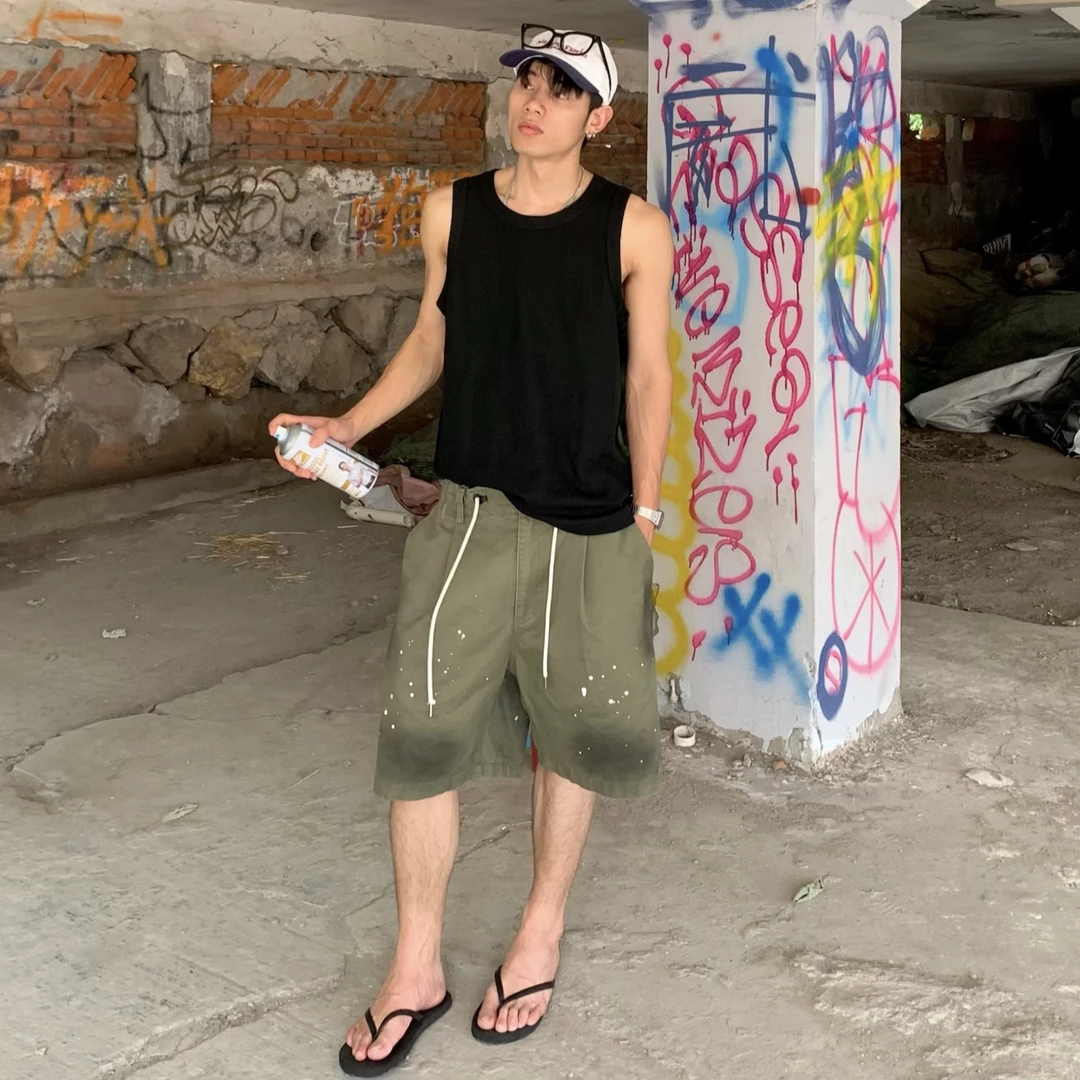 复古染色短裤四分裤马骝手绘擦色做旧男女款