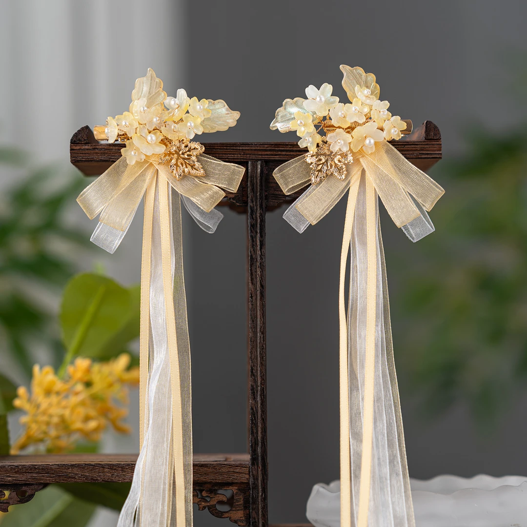 春亦轩古风发饰秋酿桂香飘带对夹唯美典雅黄色汉服长丝带发夹头饰