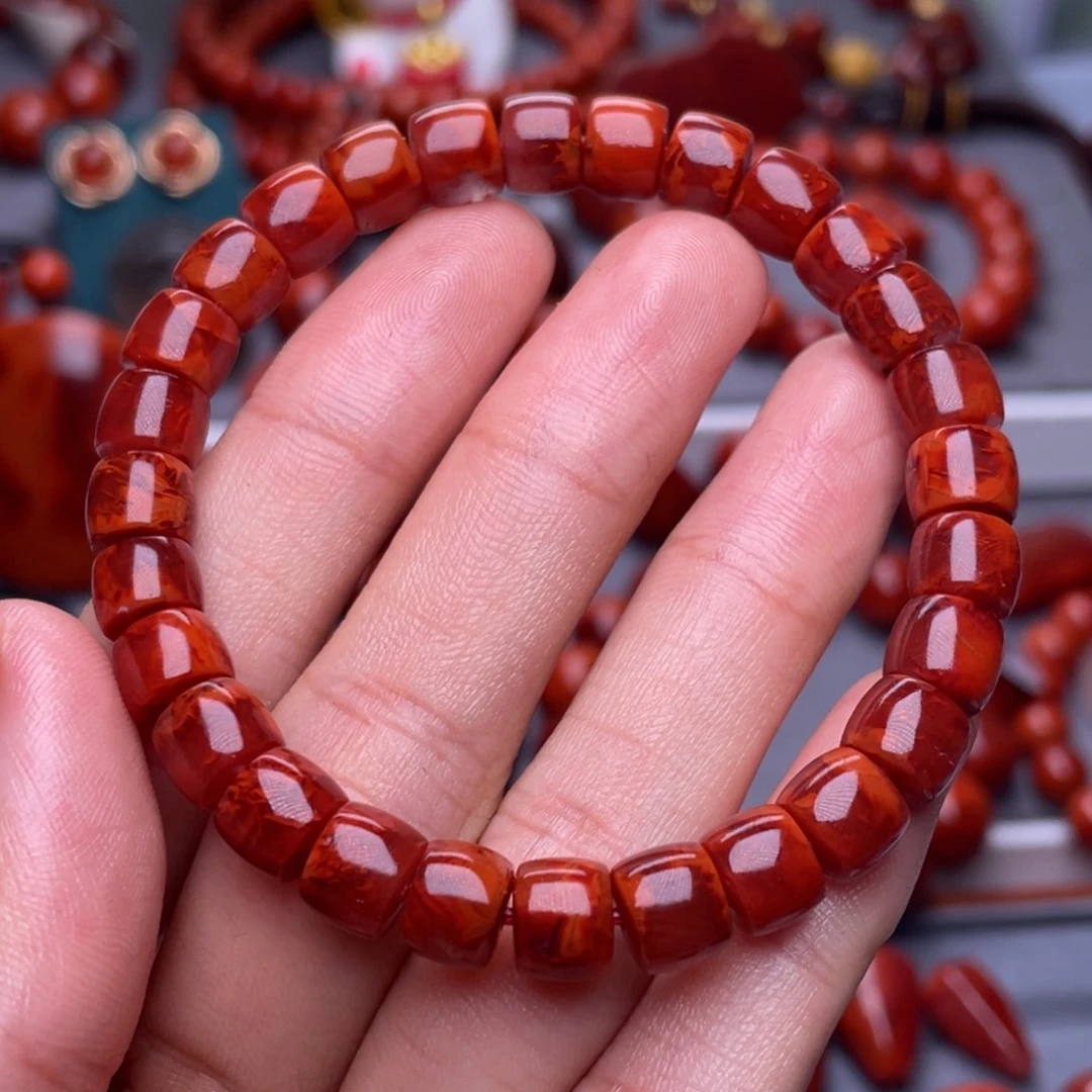 南红玛瑙未镶嵌其他全品原矿）7.5mm瓦西玫瑰红火焰直切手串