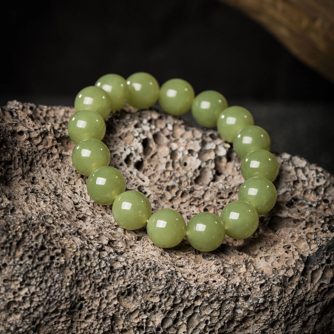 沁玺轩新疆碧玉和田玉戈壁料手串翠绿色典雅精致男女同款正品