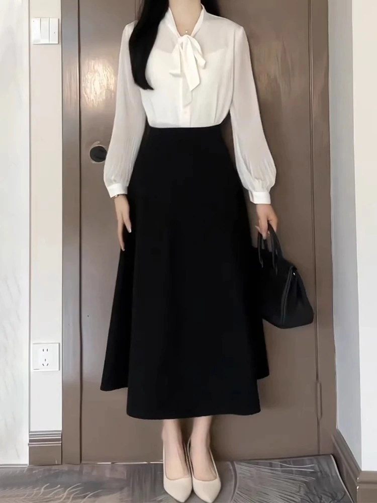 黑色a字半身裙女春夏2025新款赫本风西装中长裙高腰遮胯大摆伞裙