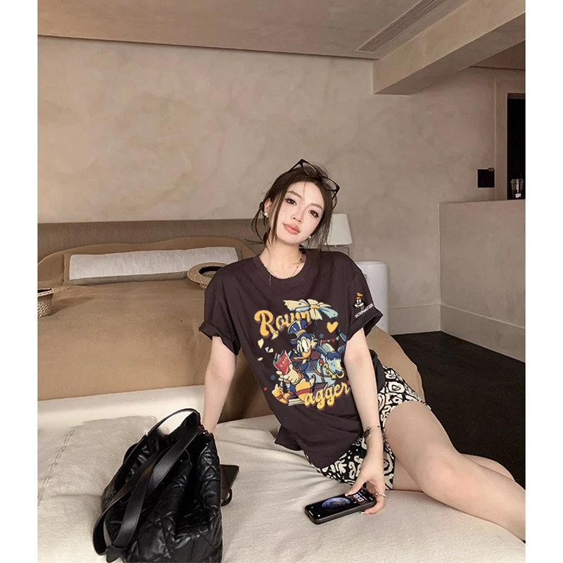 港味ins纯棉短袖t恤韩版休闲宽松大码女装夏唐老鸭卡通上衣情侣装