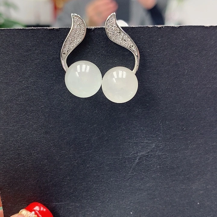 石英质玉耳钉银S925镀金镶嵌