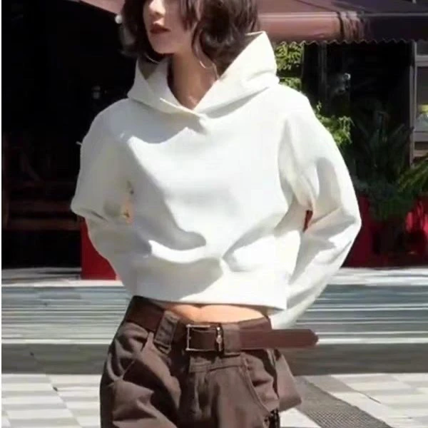 韩版简约短款连帽加绒卫衣女秋冬新款慵懒风宽松百搭上衣