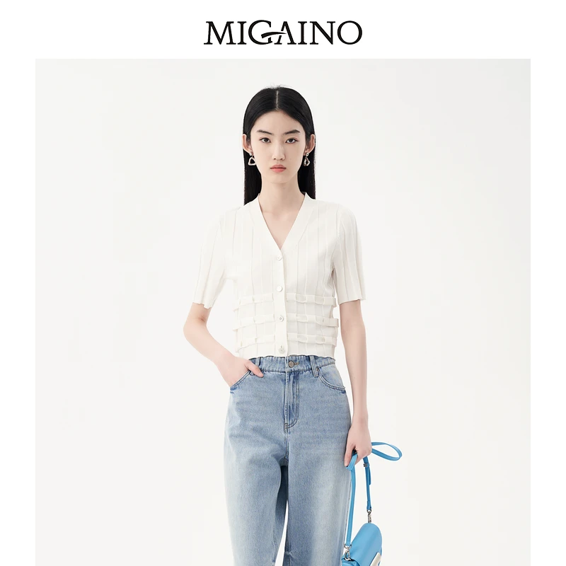 Migaino曼娅奴针织衫女年秋新款V领修身简约开衫MN32JK237