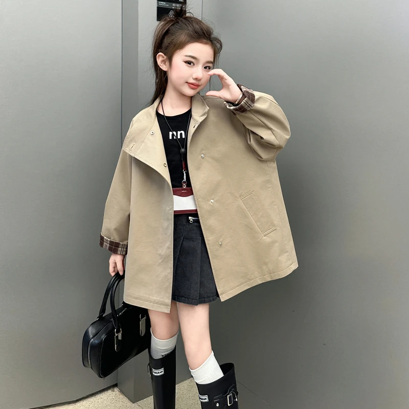 女童春秋款立领风衣中大童新款女孩中长款外套儿童百搭洋气大衣