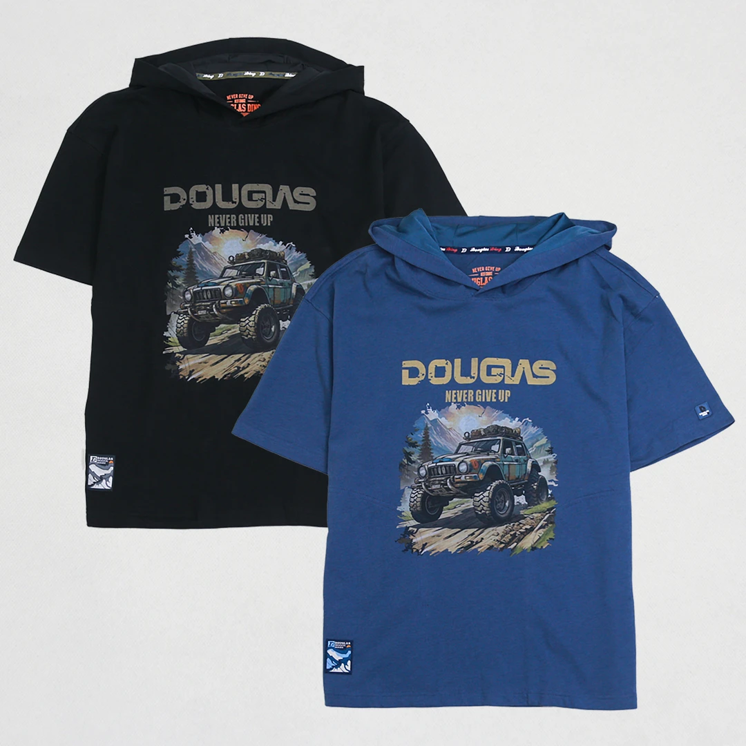 【道格拉斯】黑蓝色吉普车印花带口袋休闲短袖帽衫DD333