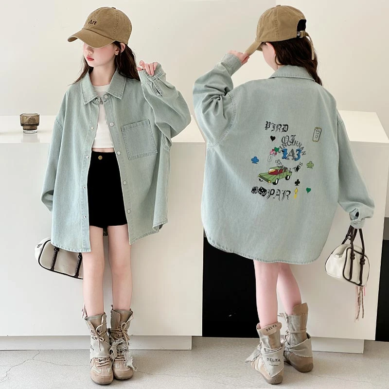 女童牛仔外套春秋款韩版儿童中长款牛仔衬衫女孩宽松洋气秋装上衣