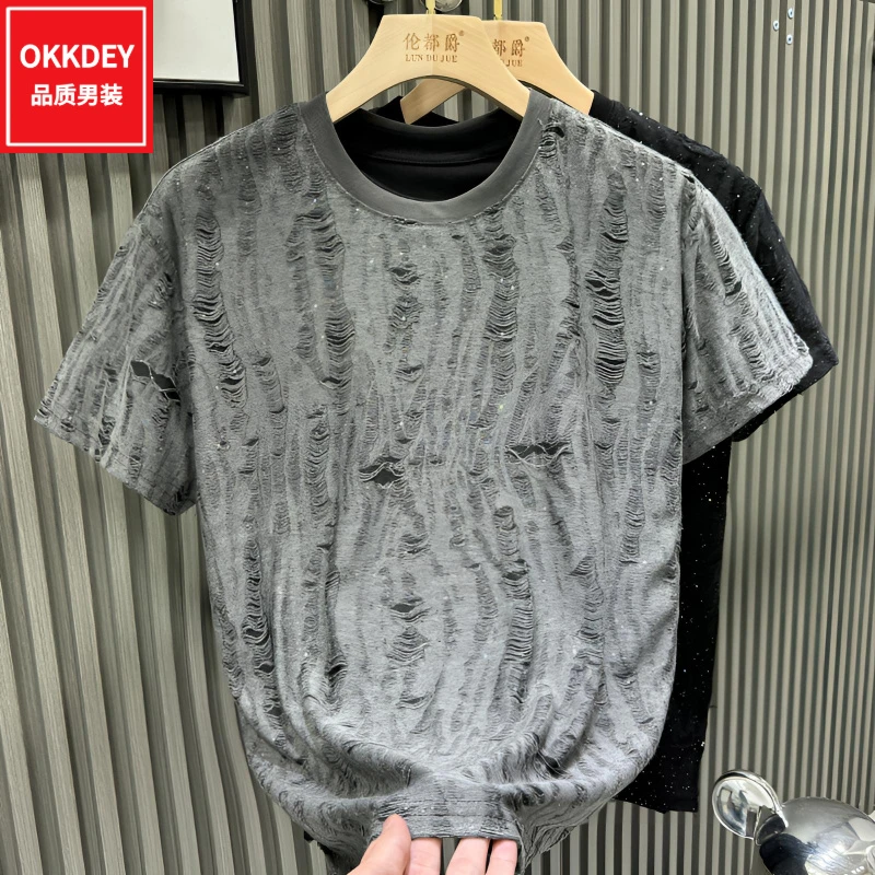 okkdey高级感圆领轻奢短袖t恤男士夏季新款潮流痞帅破洞半袖上衣