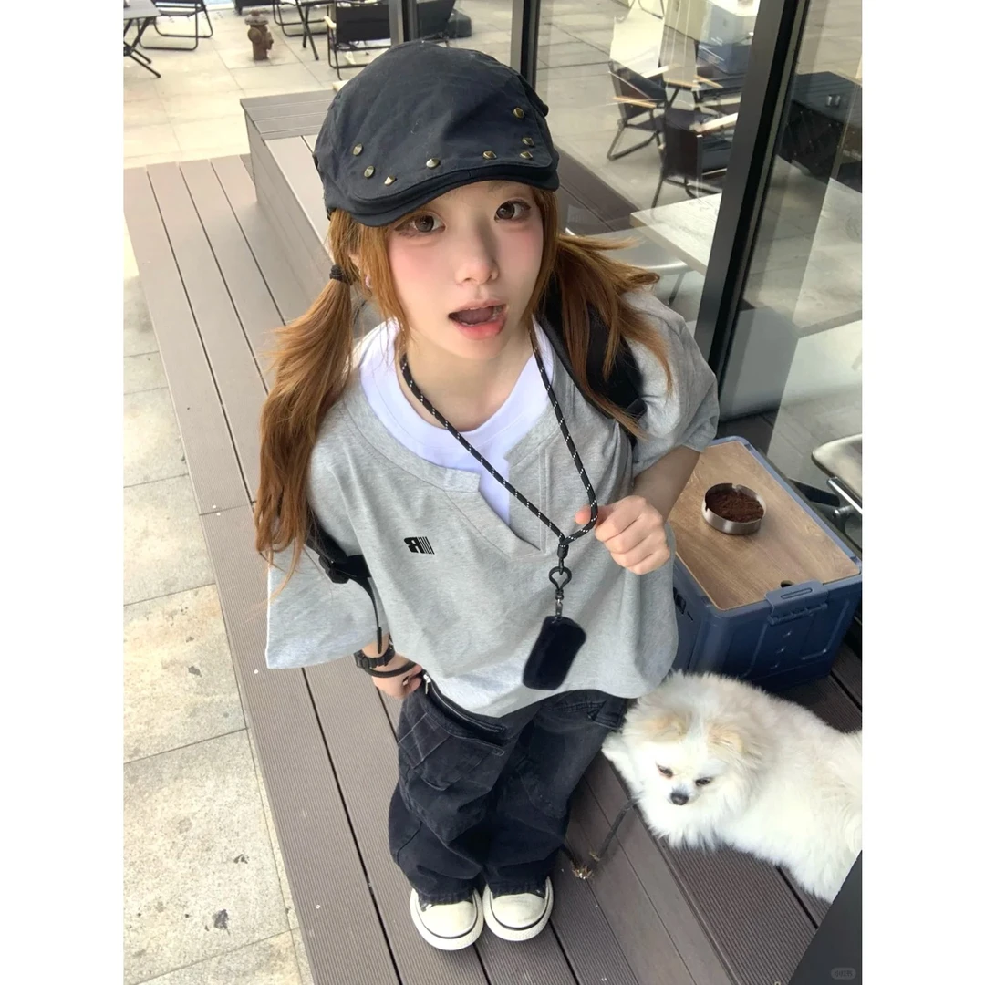 labzaa美式个性简约字母印花假两件短袖t恤男夏季V领纯棉休闲上衣