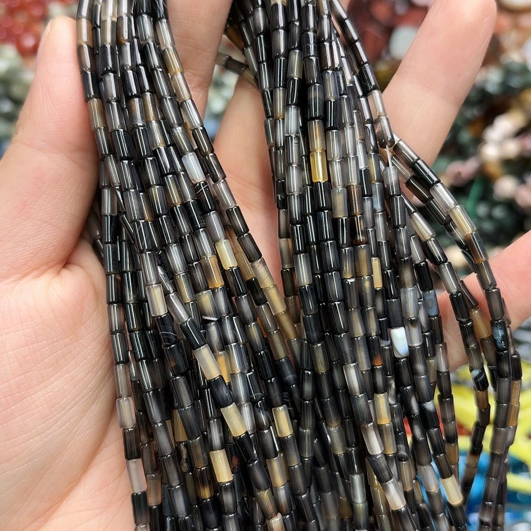 玛瑙/玉髓未镶嵌珠宝半成品3×6黑玛圆管一条