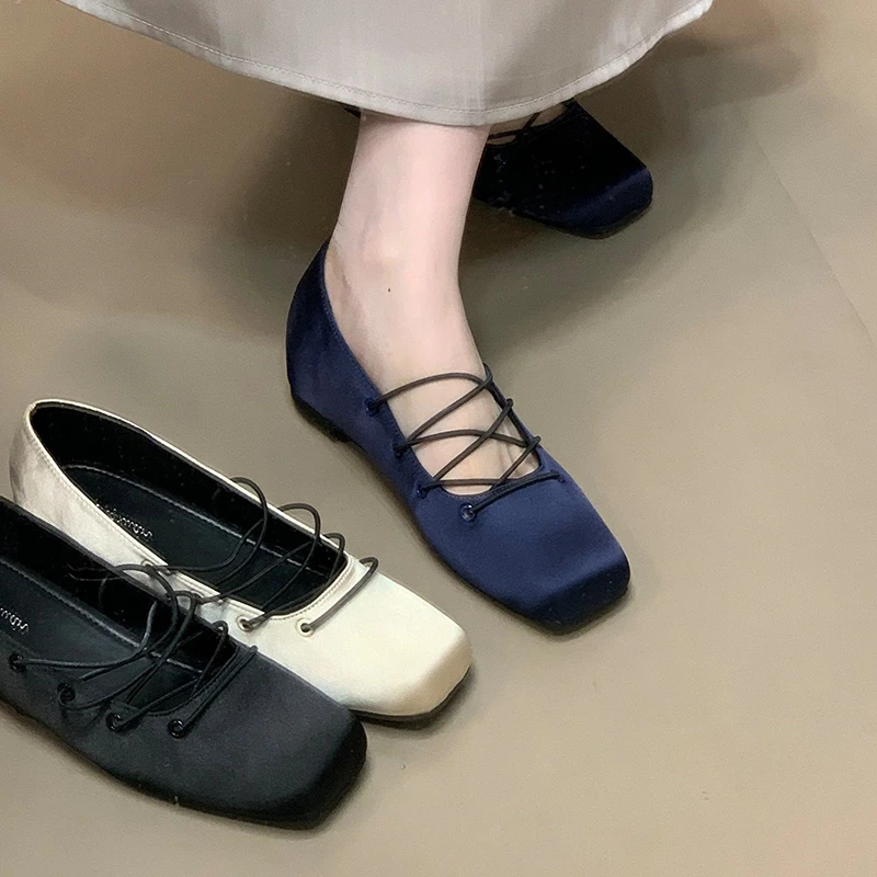 法式方头交叉带内增高芭蕾单鞋2025复古缎面百搭玛丽珍鞋