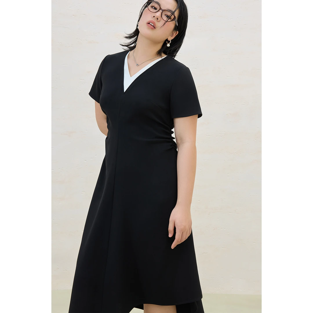 独束大码女装醋酸假两件拼接连衣裙不规则裙子25DS82122/82264