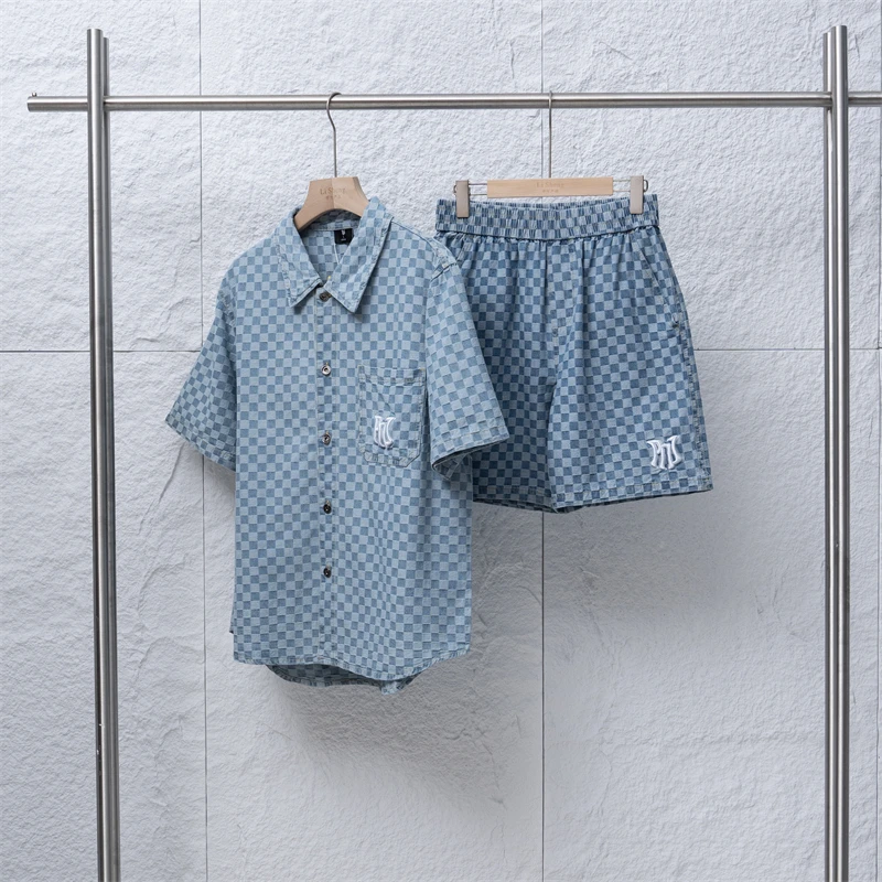 【退货补运费】夏季情侣款时尚牛仔短袖衬衫短裤套装1054S/1054X