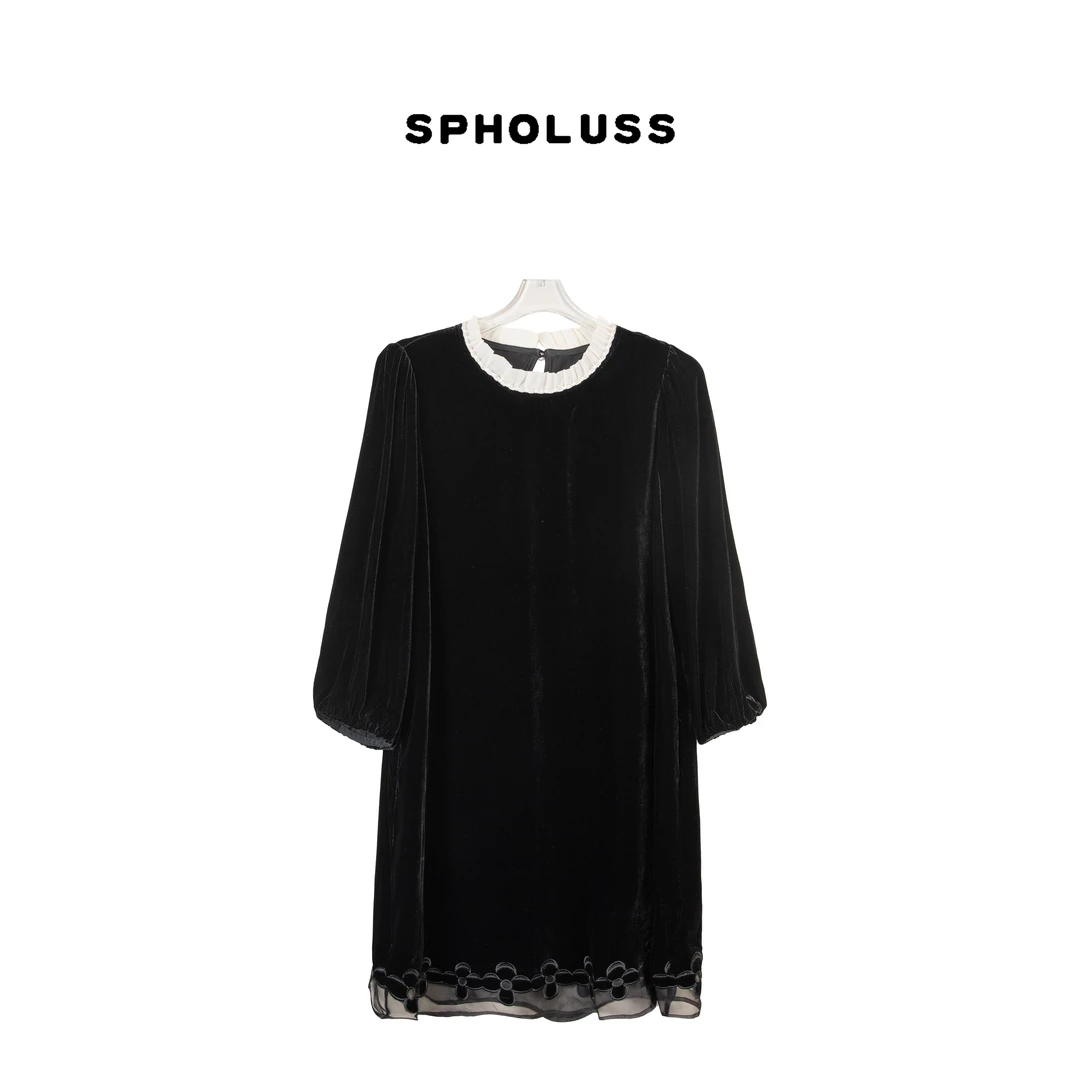 【丝芙玉禄】（K499）重磅100%真丝丝绒重工下摆拼接丝绒气质连衣裙