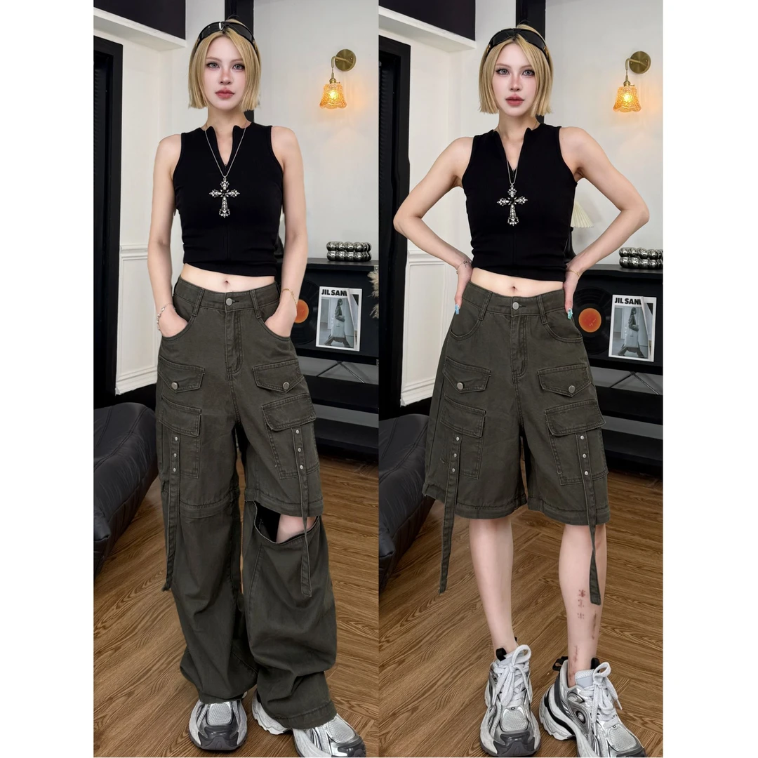 绿色高腰2025设计感宽松显瘦韩版可拆卸女生韩系ins衣服工装