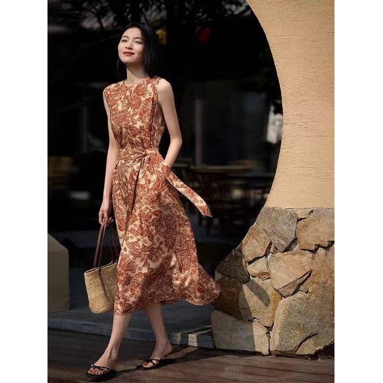 重磅纺丝无袖连衣裙女法式仿真丝时尚印花高级感夏季新款旅游裙子