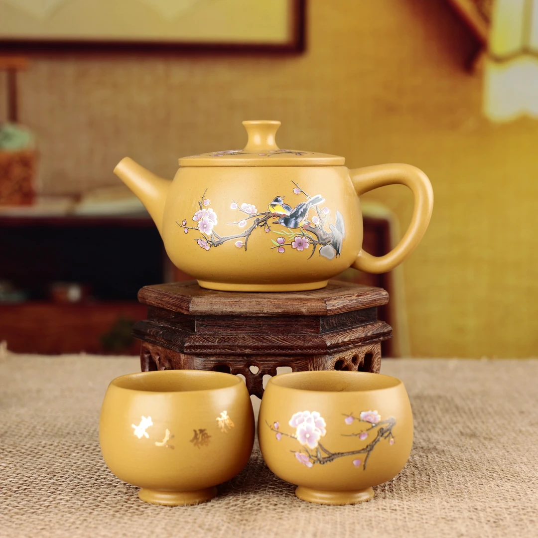 黄金段泥喜上眉梢大容量汉瓦壶+两个变色泡茶罗汉杯（卢美对）