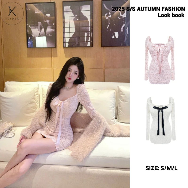 JOYKIKI金金 【蜜桃恋人】秋季蝴蝶结蕾丝花边长袖连衣裙J25C381