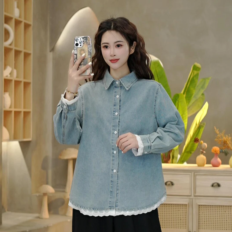 8824 宽松休闲蕾丝拼接牛仔衬衫女复古长袖牛仔外套