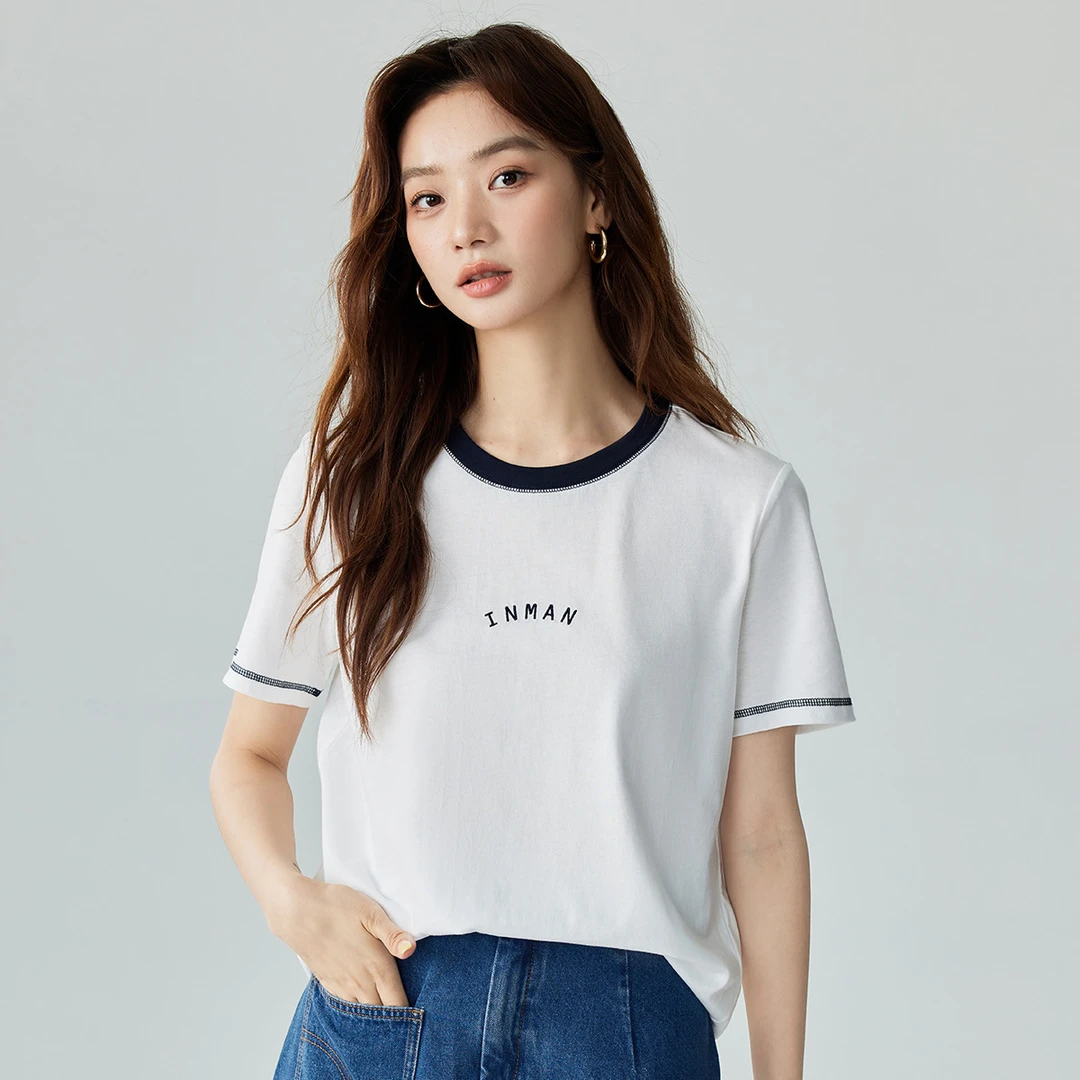 【度假穿搭】茵曼2024夏季新款女T恤上衣长袖显瘦休闲连帽刺绣气质