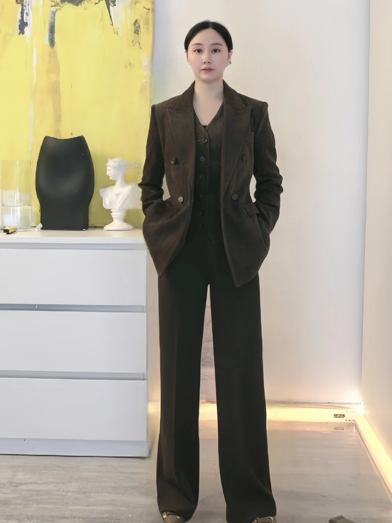 恩妮2025冬装必备勃艮第红雪尼尔手工立体拱针西装马甲西裤三件套