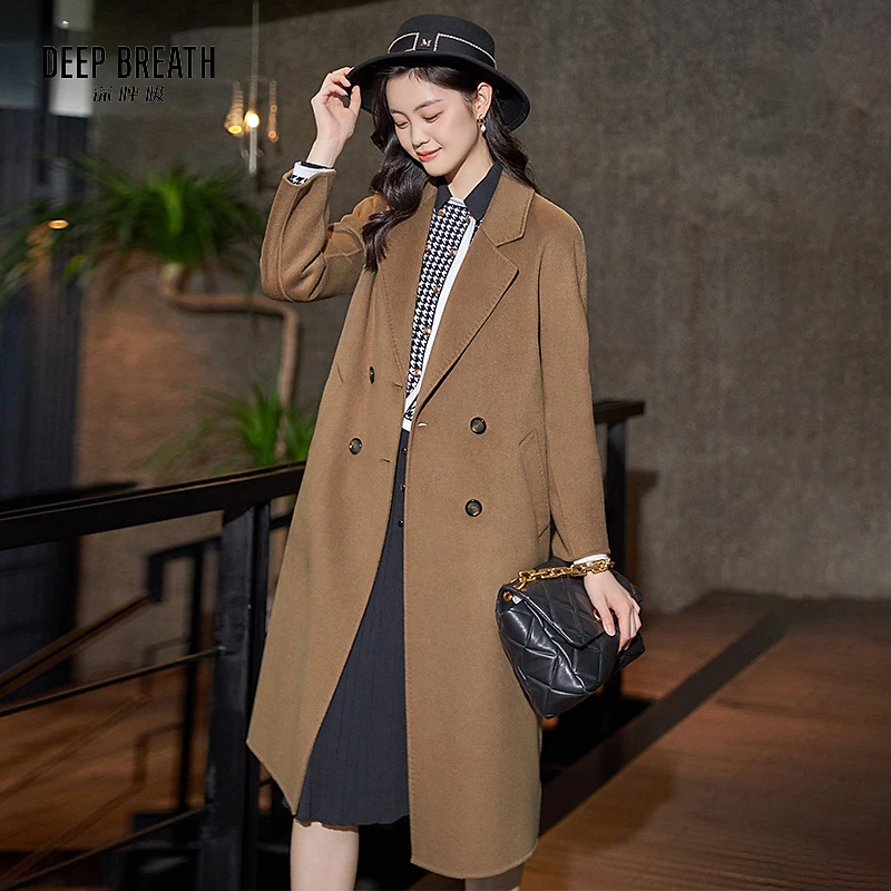 DEEP BREATH深呼吸女装新款双面毛呢大衣绵羊毛长款外套A400619