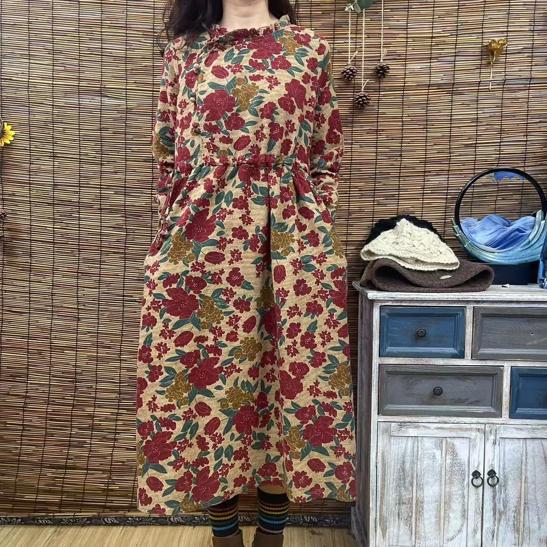 9004春秋新款木耳圆领斜襟盘扣显瘦文艺复古长款大摆连衣裙