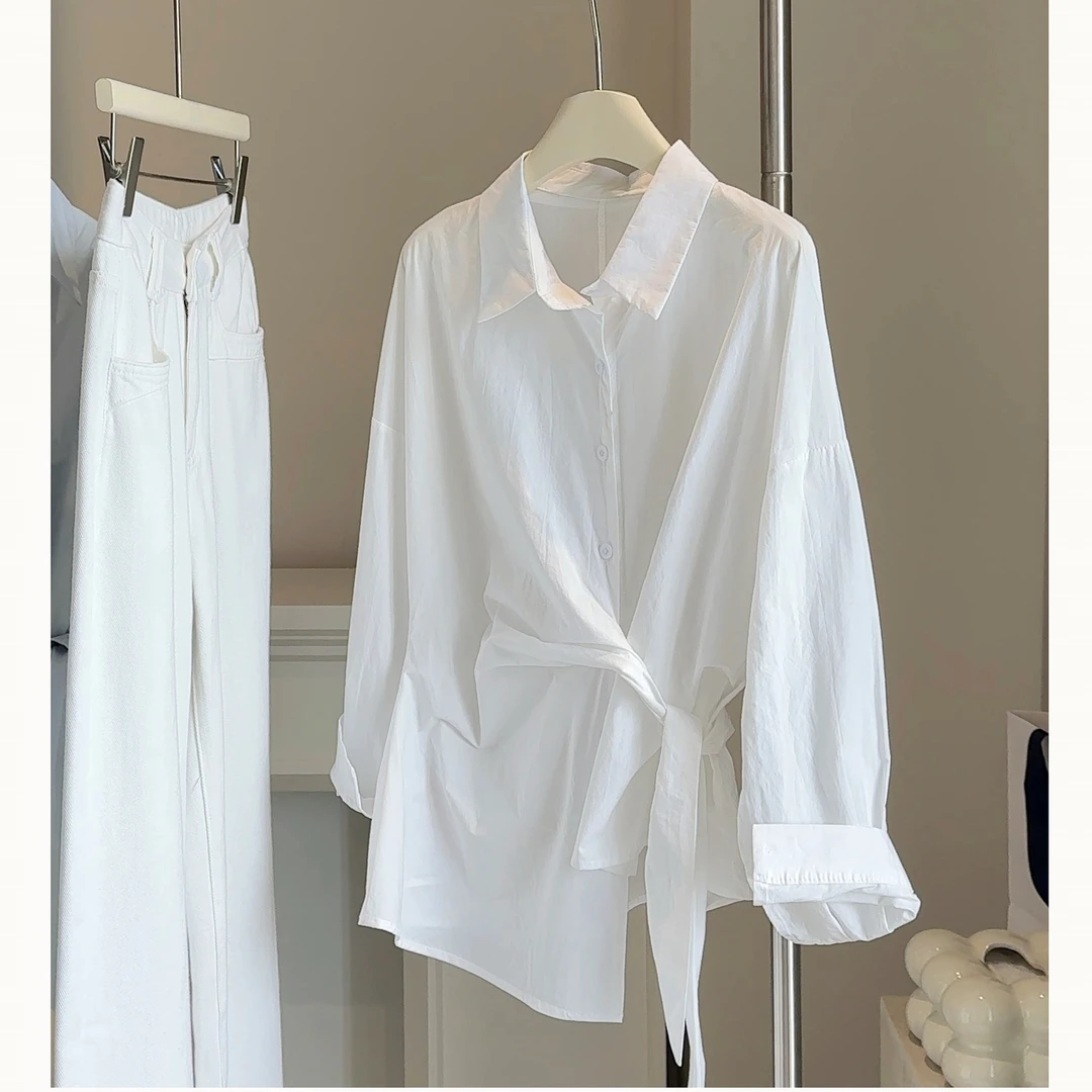 韩系设计感侧腰绑带收腰显瘦衬衫女秋季气质通勤百搭ins长袖衬衣