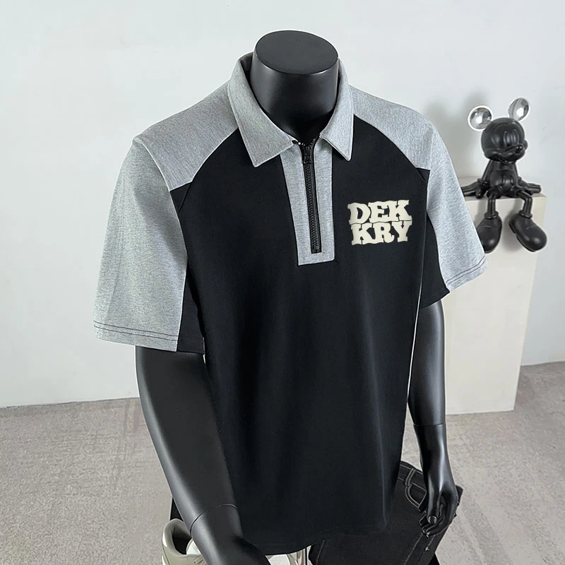 jtrt潮牌字母印花纯棉半拉链polo衫男夏季高街小众宽松休闲打底衫