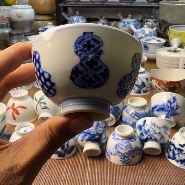 窑裂青花瓷器杯子茶具