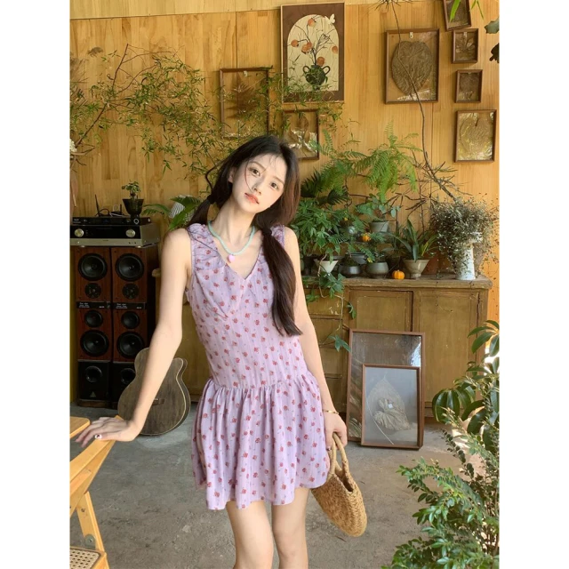 甜辣妹紫色碎花V领背心连衣裙2025夏季新款收腰显瘦A字短裙女ins