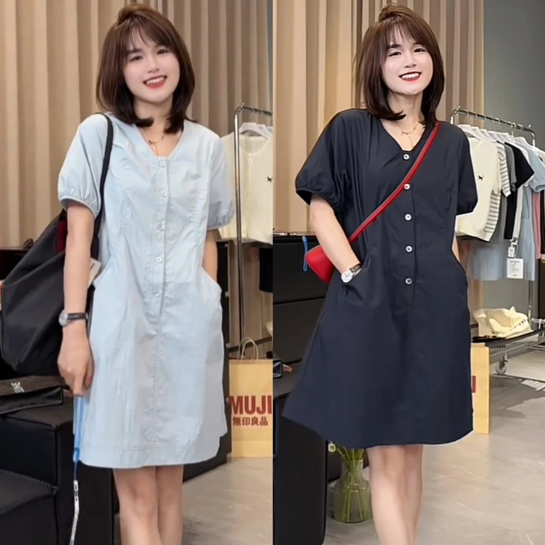 夏季薄款高级感V领短袖衬衫连衣裙女装新款时尚遮肚子显瘦A字短裙