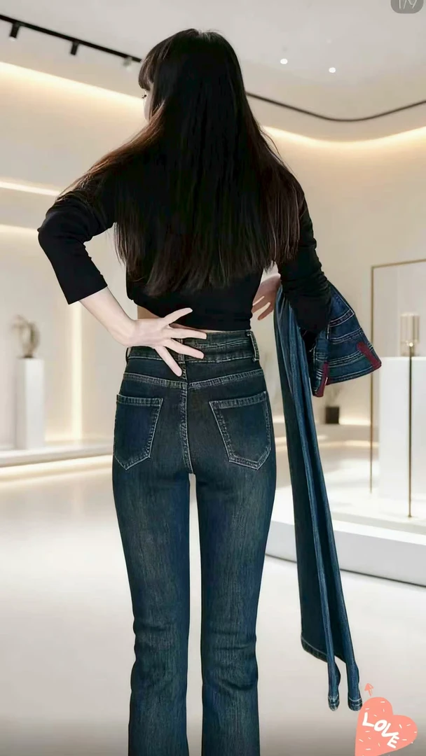 【尤希】复古蓝双排扣微喇叭牛仔裤女秋季新款高腰修身显瘦裤显腿长