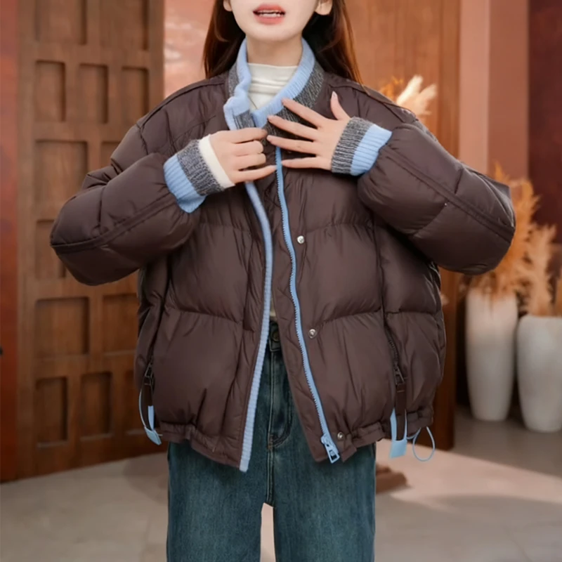 美拉德拼接针织圆领棉服女2025冬季新款巨好看加厚保暖宽松棉衣潮