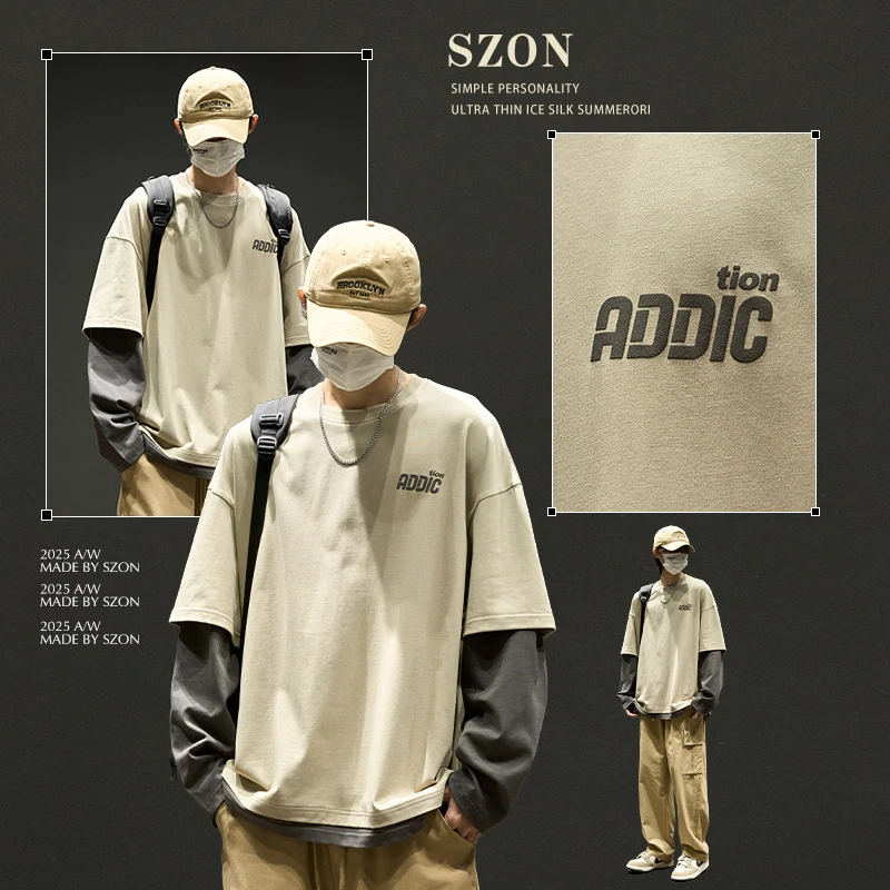 假两件长袖t恤男春秋款美式原创卫衣纯棉圆领宽松潮流青少年上衣