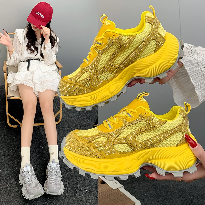爆款时尚水钻老爹鞋女网面透气2025新款女鞋子厚底百搭休闲运动鞋