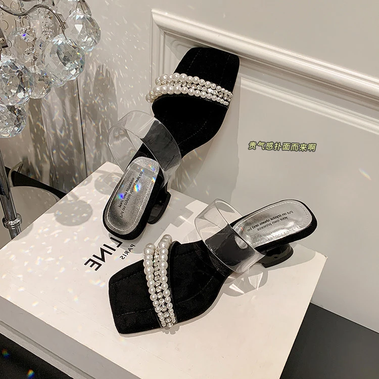 时装凉鞋外穿中跟纯色网红凉拖鞋干板气质小仙女风方头百搭露趾