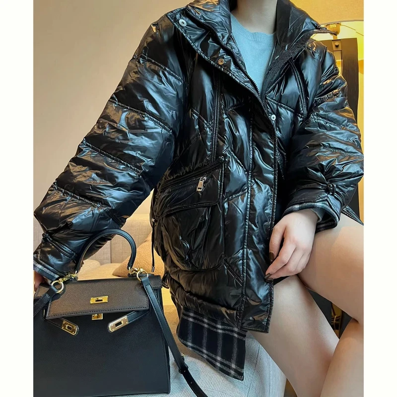 M1680!格子下摆菱格翻领白鹅绒长袖羽绒服 衣长68 款号VE5437